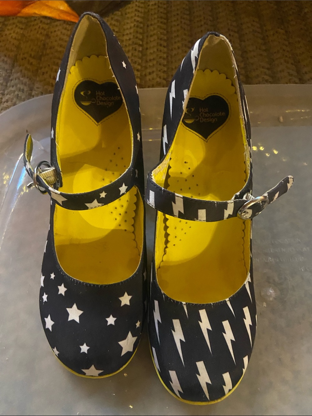 Hot Chocolate Design Black Star & Lightning Mary Jane Heels with Yellow Interior
